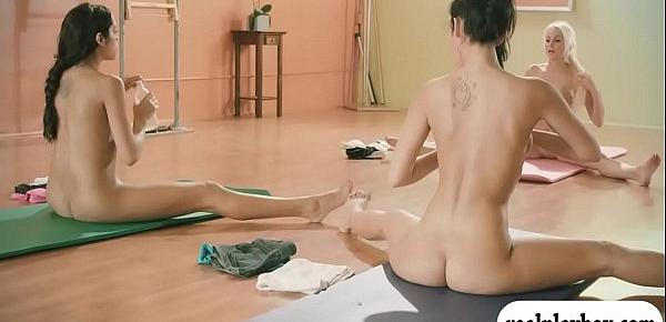  Big boobs instructor and two brunettes yoga while naked